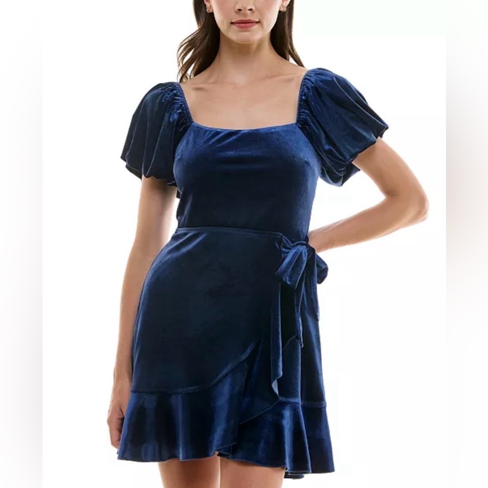 Trixxi Juniors' Puff-Sleeve Faux-Wrap Velvet Dress Blue NWT Prom Occasion Party - Picture 4 of 9